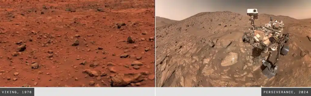 'Da Viking à Perseverance: Duas visões da superfície de Marte — 21 de julho de 1976 e 23 de julho de 2024 — separadas por 7.200 quilômetros (4.200 milhas) e 48 anos.' | Crédito: NASA/JPL
