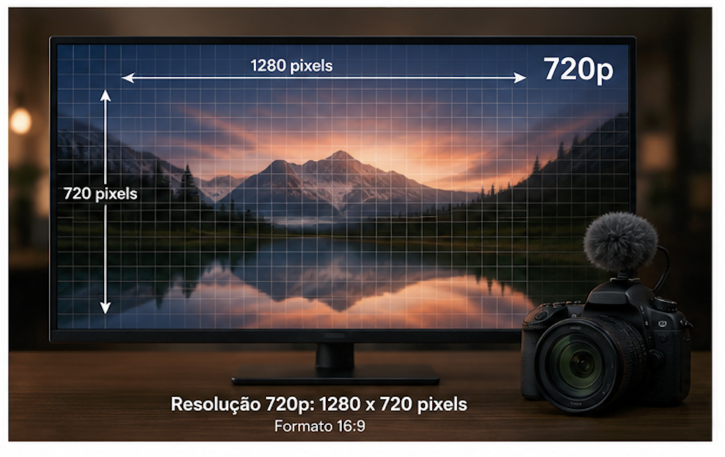 Uma tela widescreen exibindo uma imagem fotográfica/videográfica, com uma representação visual dos 1280 × 720 pixels e indicação discreta de “720p”, em estética moderna e relacionada à fotografia e vídeo.