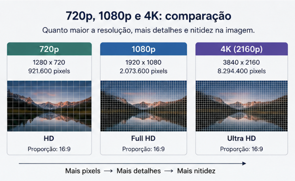Três quadros 16:9 lado a lado representando 1280 × 720, 1920 × 1080 e 3840 × 2160, com identificação de cada resolução.
