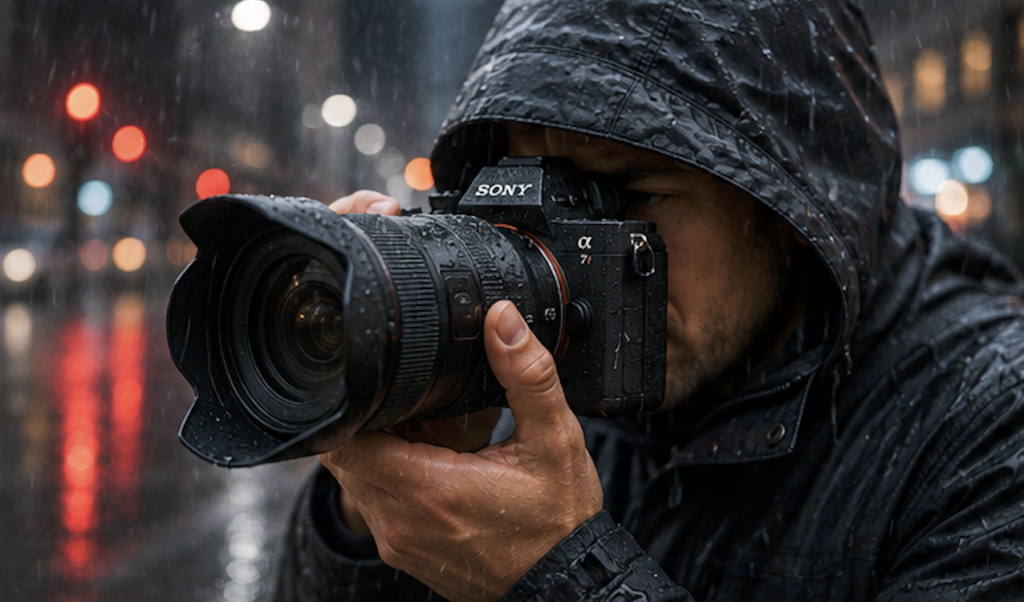 câmera resistente ao tempo sendo usada para fotografar na chuva