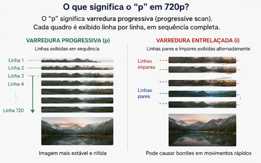 Diagrama simples mostrando um quadro progressivo sendo formado linha por linha e, ao lado, uma representação conceitual da formação entrelaçada.